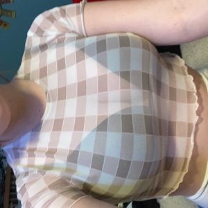 Altar’d State brown checkerboard mesh cropped shirt